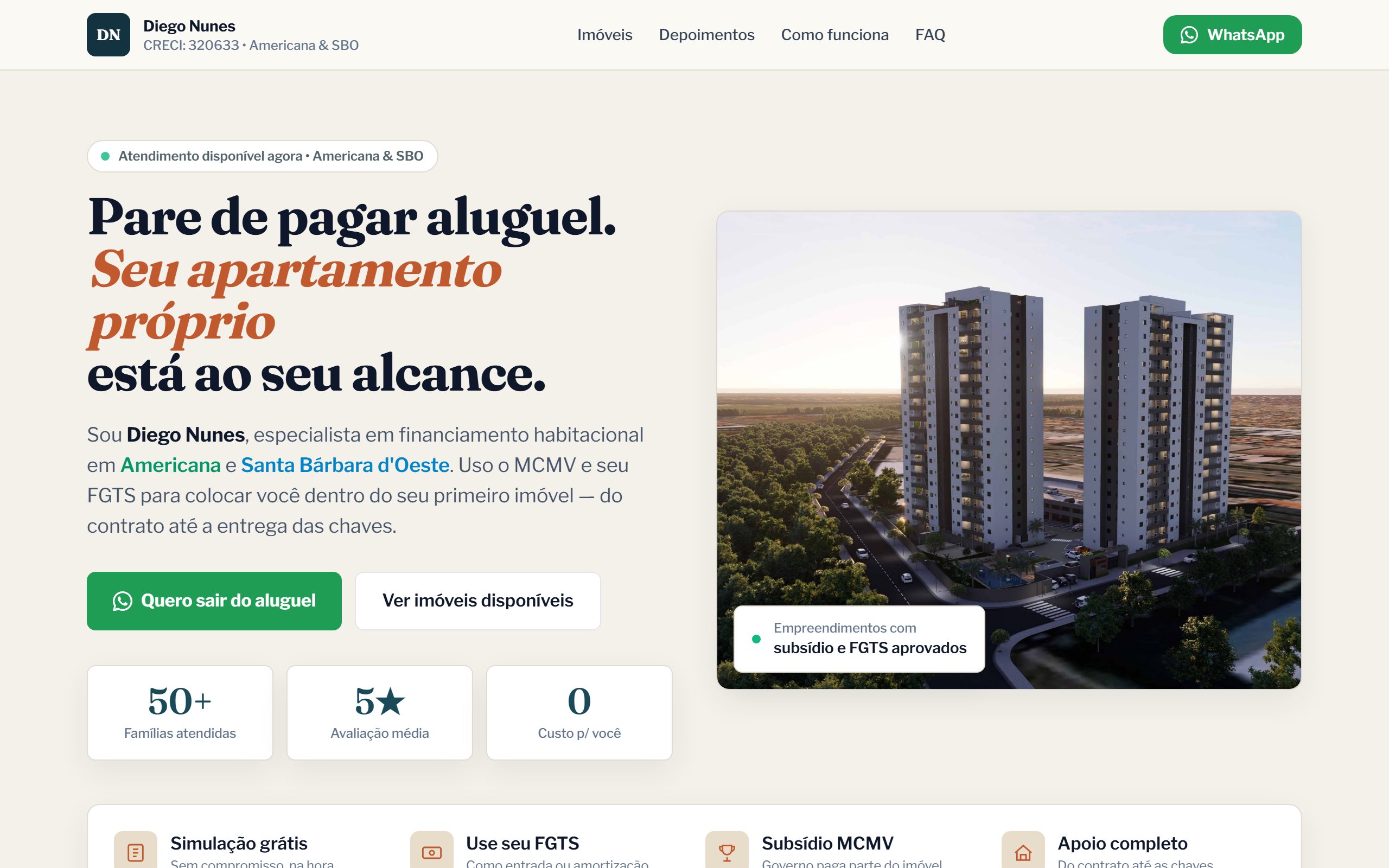 Landing page do corretor Diego Nunes, com a chamada 'Pare de pagar aluguel'